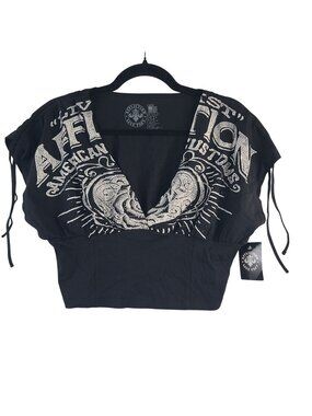 NWT Affliction Women's AC Sunset Roam Top Black V-Neck Graphic Drawstring Sz L